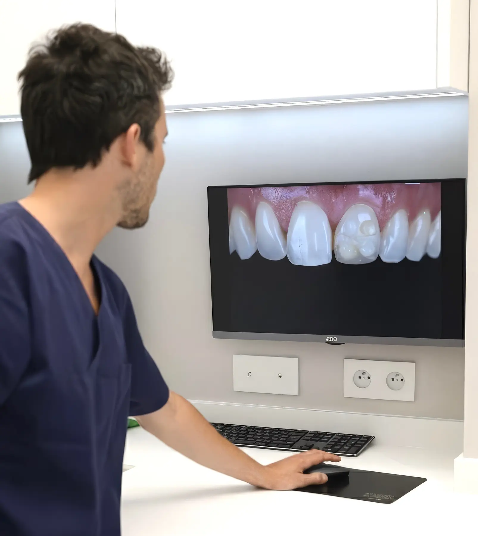 Dr Jérémy Haccoun analysant une photographie dentaire sur écran