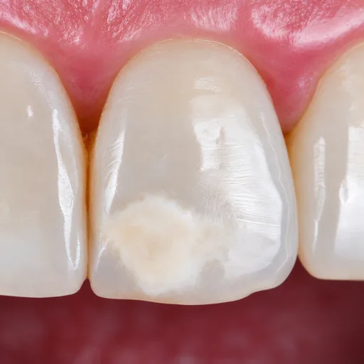 Illustration simulée d’une opacité blanc crème délimitée dans la partie incisale d’une incisive.