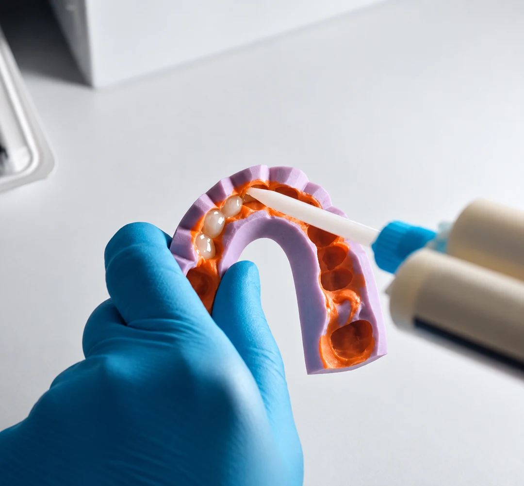 Une main gantée tient une clé en silicone, empreinte du wax-up, pendant qu’une seringue y dépose la résine provisoire dans les empreintes des dents de devant.