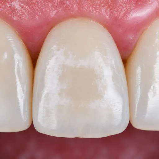 Illustration simulée de taches blanches autour de l’ancien emplacement d’une attache orthodontique sur une incisive.