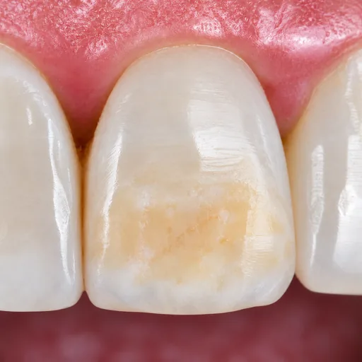 Illustration simulée d’une opacité blanc crème et jaune ambré étendue sur une incisive permanente.